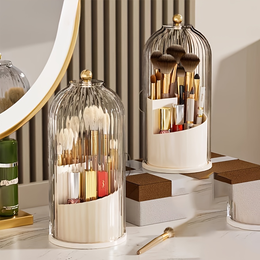 Beauty Makeup Vanity Set - 5点セット、360度回転式防塵美容収納ラック、透明な縦縞トップカバー付き、多区画化粧品収納ボックス、縦縞透明小型収納ボックス1個と小型ジュエリーボックス3個付き、防水バスルームアクセサリー化粧ブラシ収納ホルダー、化粧ブラシ、口紅、スキンケア製品、ジュエリーに最適、バスルームのカウンタートップ、化粧台、デスクトップにアイテムを収納可能