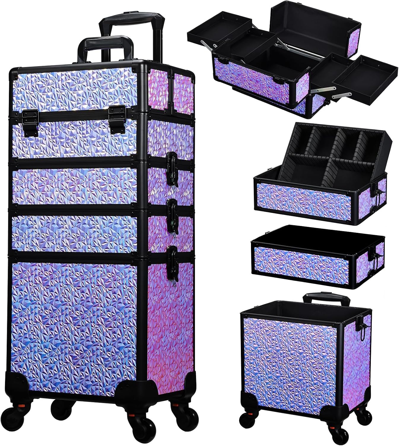 Beauty & Makeup Katia Di Paola - ローリングメイクアップトレインケース、引き出し付き大型コスメティック収納カート、旅行用ネイルサロンビューティーオーガナイザートロリー（車輪付き）、モバイルヘアスタイリスト用バニティボックス、光沢のあるパープル、1個セット