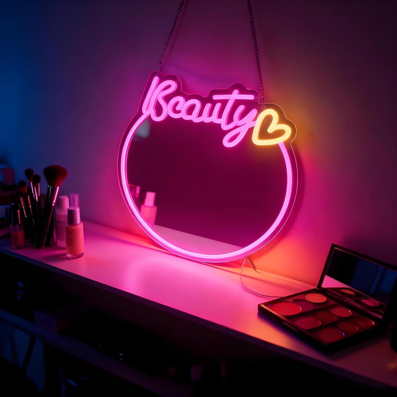 Beauty No Makeup - 美容ミラー型ネオンサイン。USB接続で調光可能なLEDライト。ドレッサー、寝室、美容院、メイクルーム、女の子の誕生日プレゼント、壁飾りとして最適。
