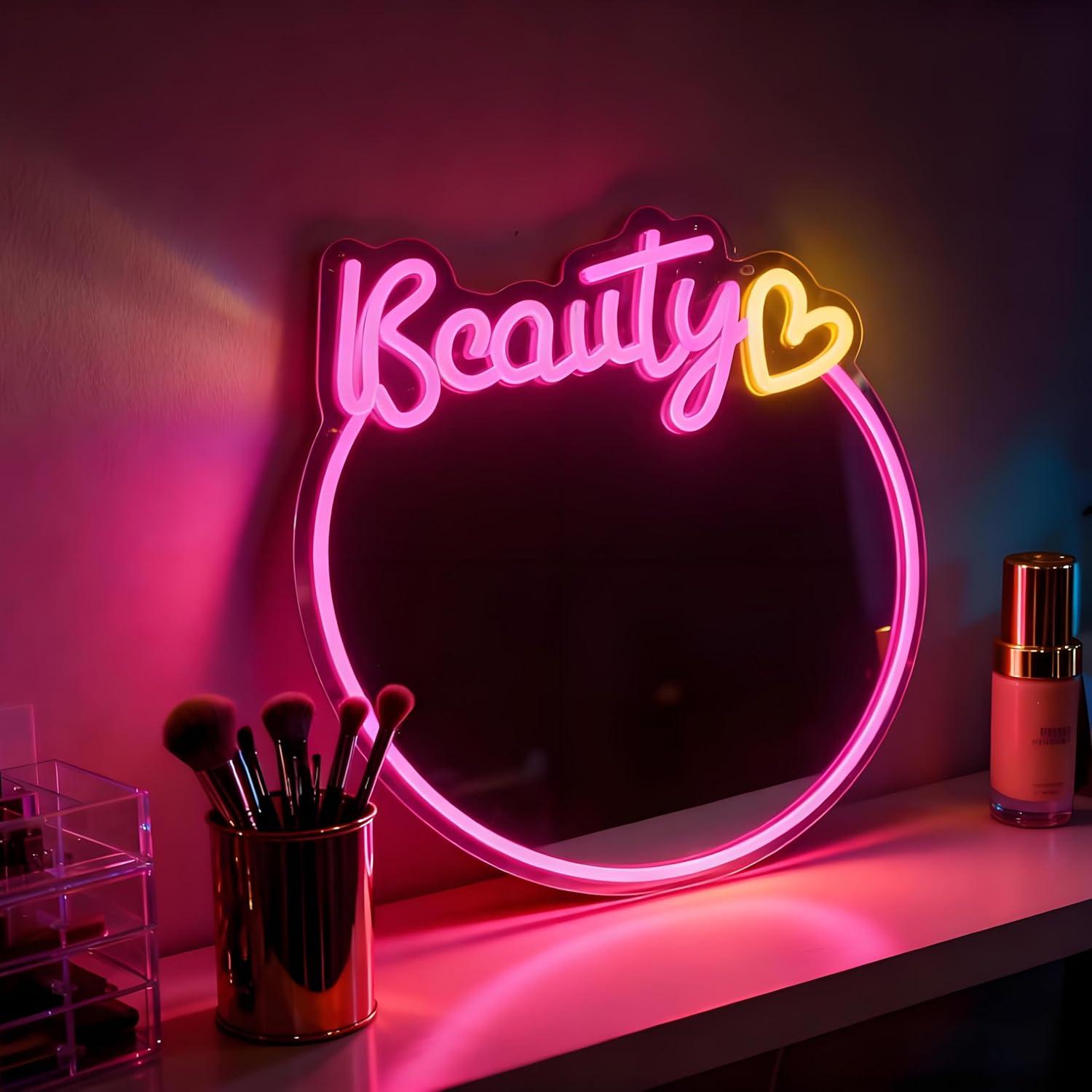美容ミラー型ネオンサイン。USB接続で調光可能なLEDライト - Beauty No Makeup のレビューと価格